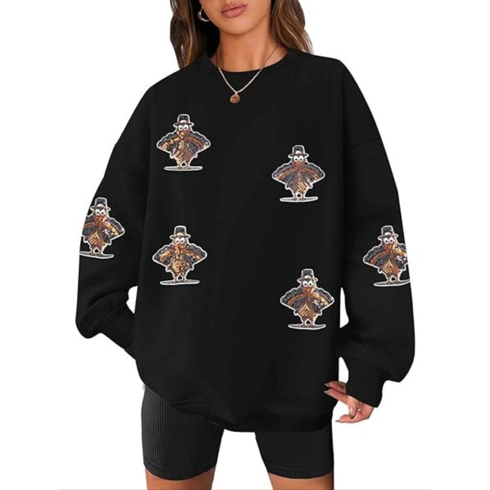 Black Crewneck Sweatshirt with colorful Turkey Patch Graphic - Unbranded